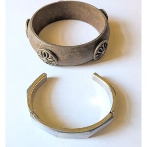 Bangle Cuff Bracelet Jewelry Set Boho Artisan Eclectic Vintage Style Wood Metal
